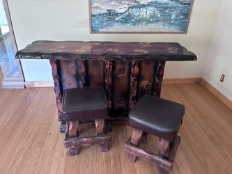 Rustic Wood Bar with Two Stools