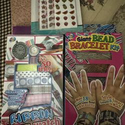 3 Fun Bundle Girls Activities Ribbon Charm Watch Bead Bracelet Making Face Stickers 