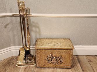Vintage Solid Brass Fireplace Tools and Coal Box