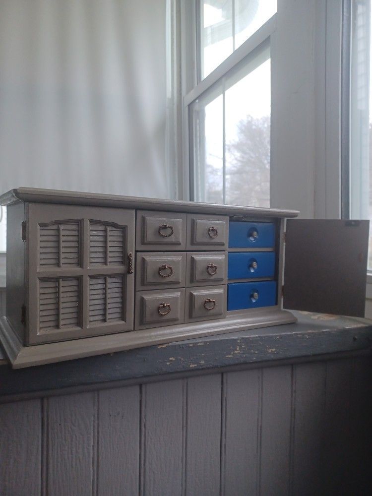 Vintage 70s large gray wood brass lined 8 drawer jewelry storage box cabinet