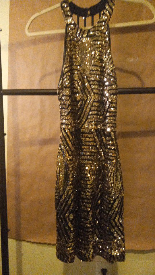 Brand New Black And Gold Sequins Sleeveless Mini Dress With Leather Straps And Back Psych Medium Two Gold Buttons At Top To Tie Around Neck New