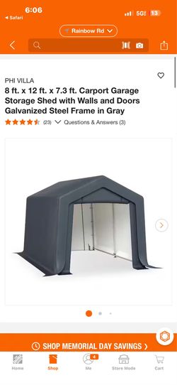PHI VILLA 8 ft. x 12 ft. x 7.3 ft. Carport Garage Storage Shed with Walls and Doors Galvanized Steel Frame in Gray