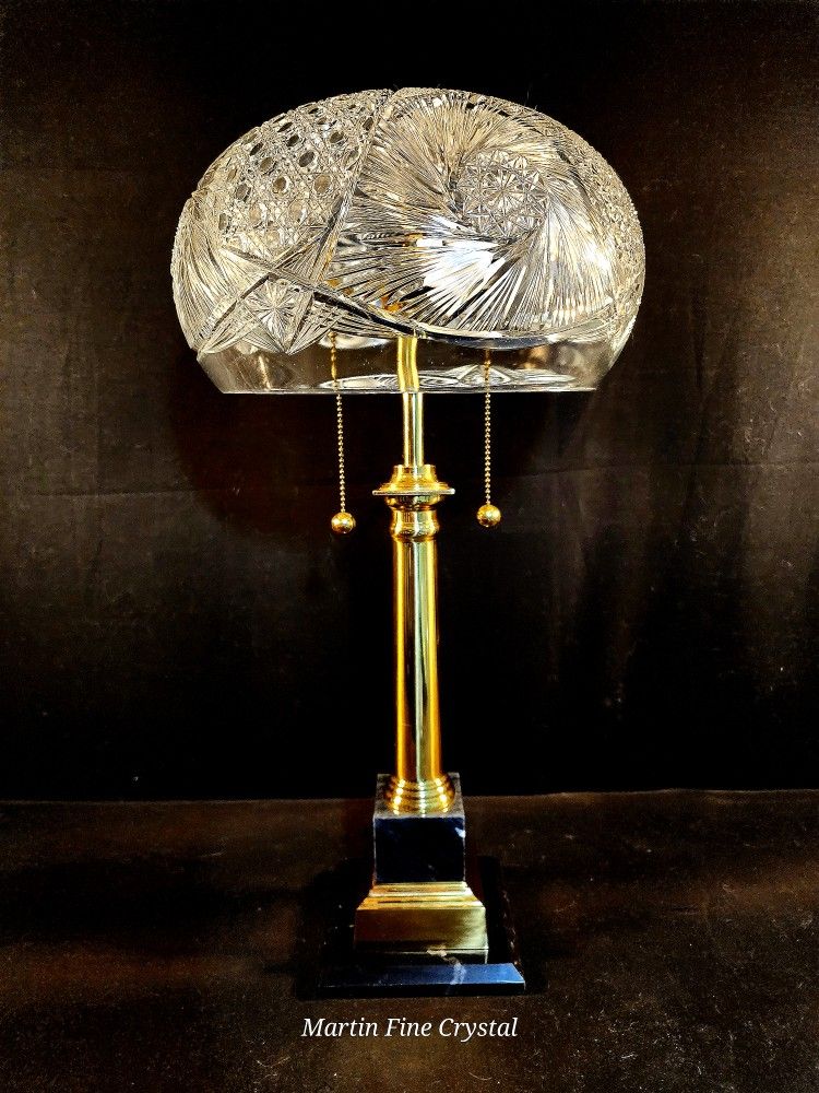 American Brilliant Period Crystal Shade on Black Marble And Brass Lamp - MASSIVE