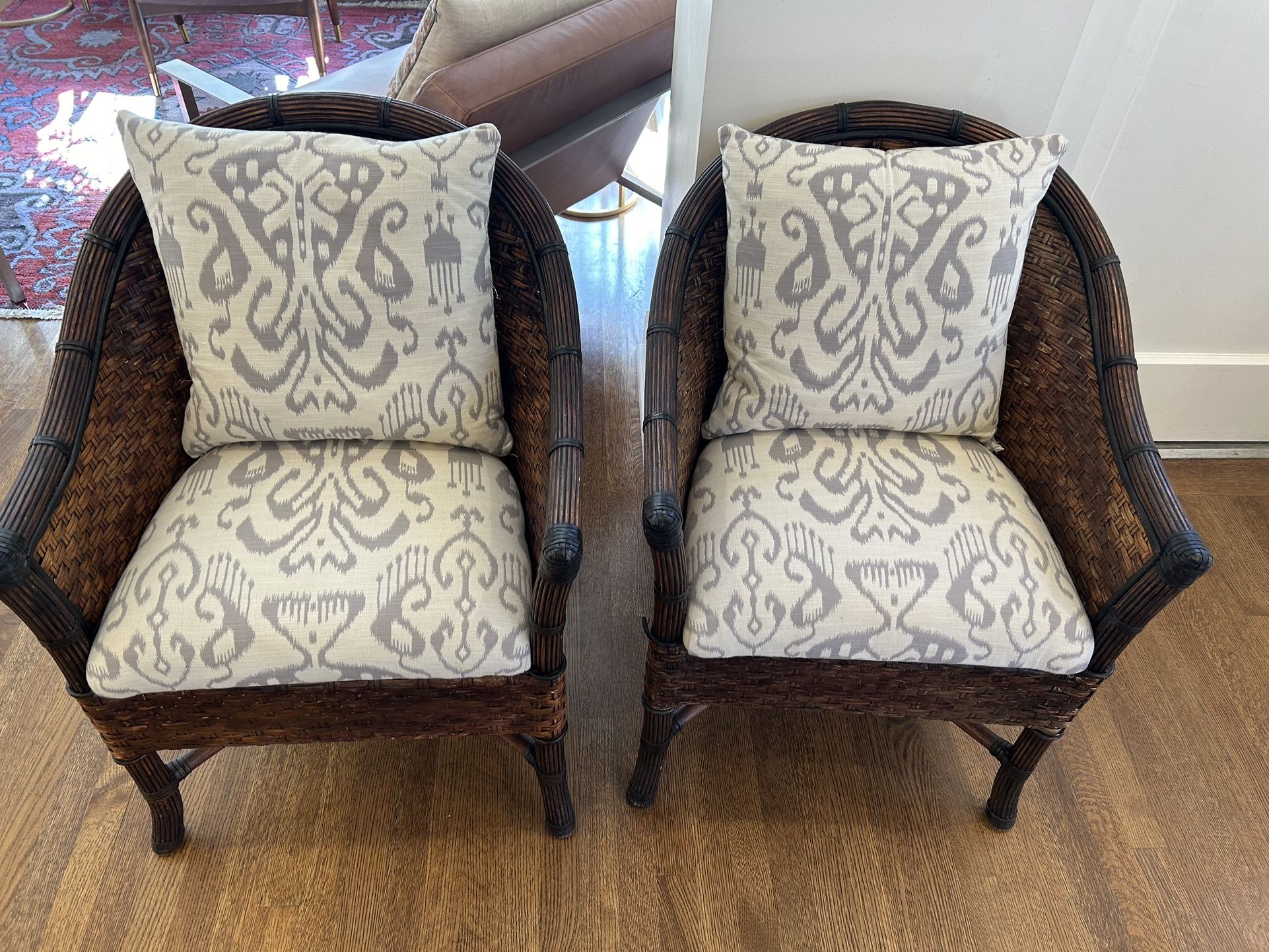 Palecek Rattan Chairs Pair 2 Custom Cushions