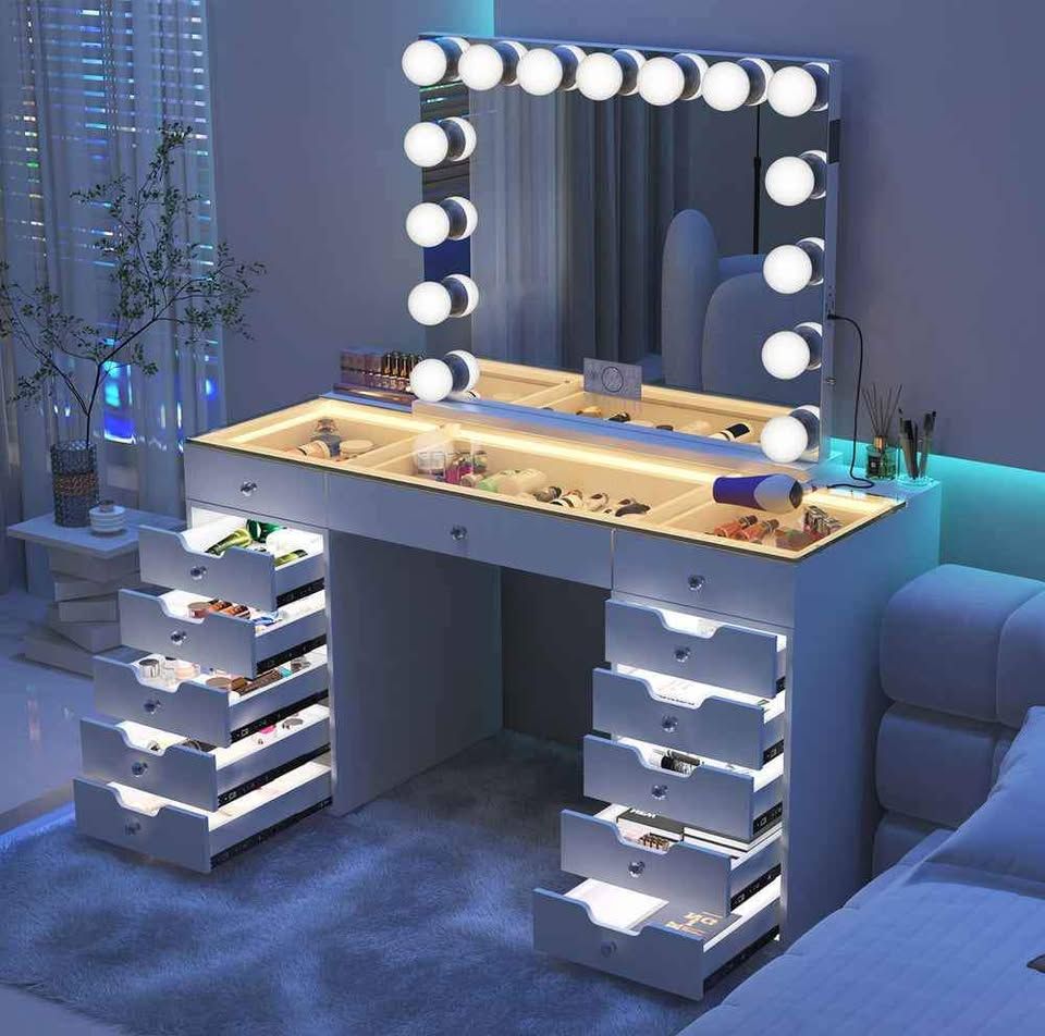 Amazing White Vanity Table with Mirror w/ Bluetooth Speakers