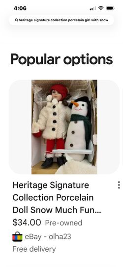 collection, porcelain doll little girl with snowman Heritage signature collection, porcelain doll, little girl, wood snowman