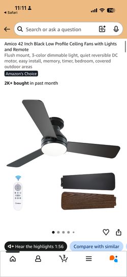 Amico 42 Inch Black Low Profile Ceiling Fans with Lights and Remote