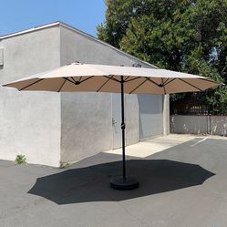 (New in box) $130 Large 15x9 FT Double Sided Umbrella with Weight Base set (Beige color)