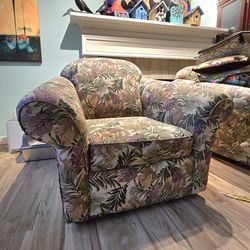 Two large overstuffed Hawaii print chairs