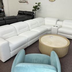 Furniture- Snow White 100% Real Top Grain Leather Sectional With 3 Power Recliners