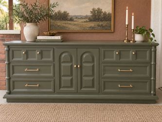 Lou Regester Solid Wood Sideboard / Buffet – Olive Green & Brass