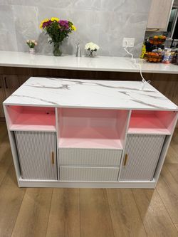 Kitchen Island with Storage, Drawers, LED Lights & Power Outlet – White Marble Top