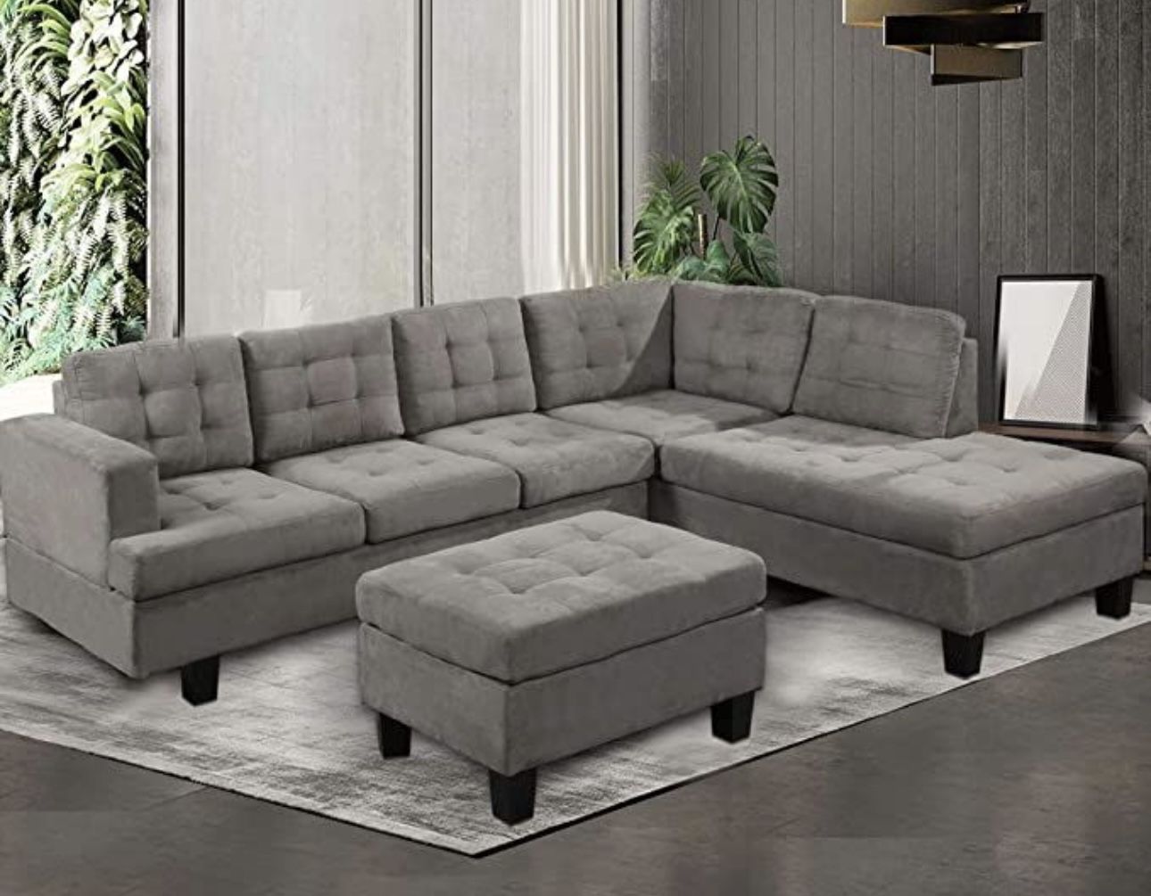 COSTCO Gray Chenille Sectional Couch And Ottoman