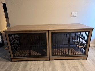 Rovibek 78 Double Dog Crate Furniture for 2 Large Dogs Indoor, Wooden Furniture Dog Crates with Dog Bowl, Dog Kennel Furniture TV Stand Large Breed Gr
