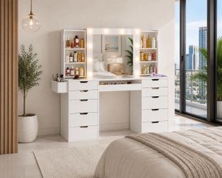 Vanity Desk with Mirror and Lights, with Hidden Sliding Storage Cabinet I-25