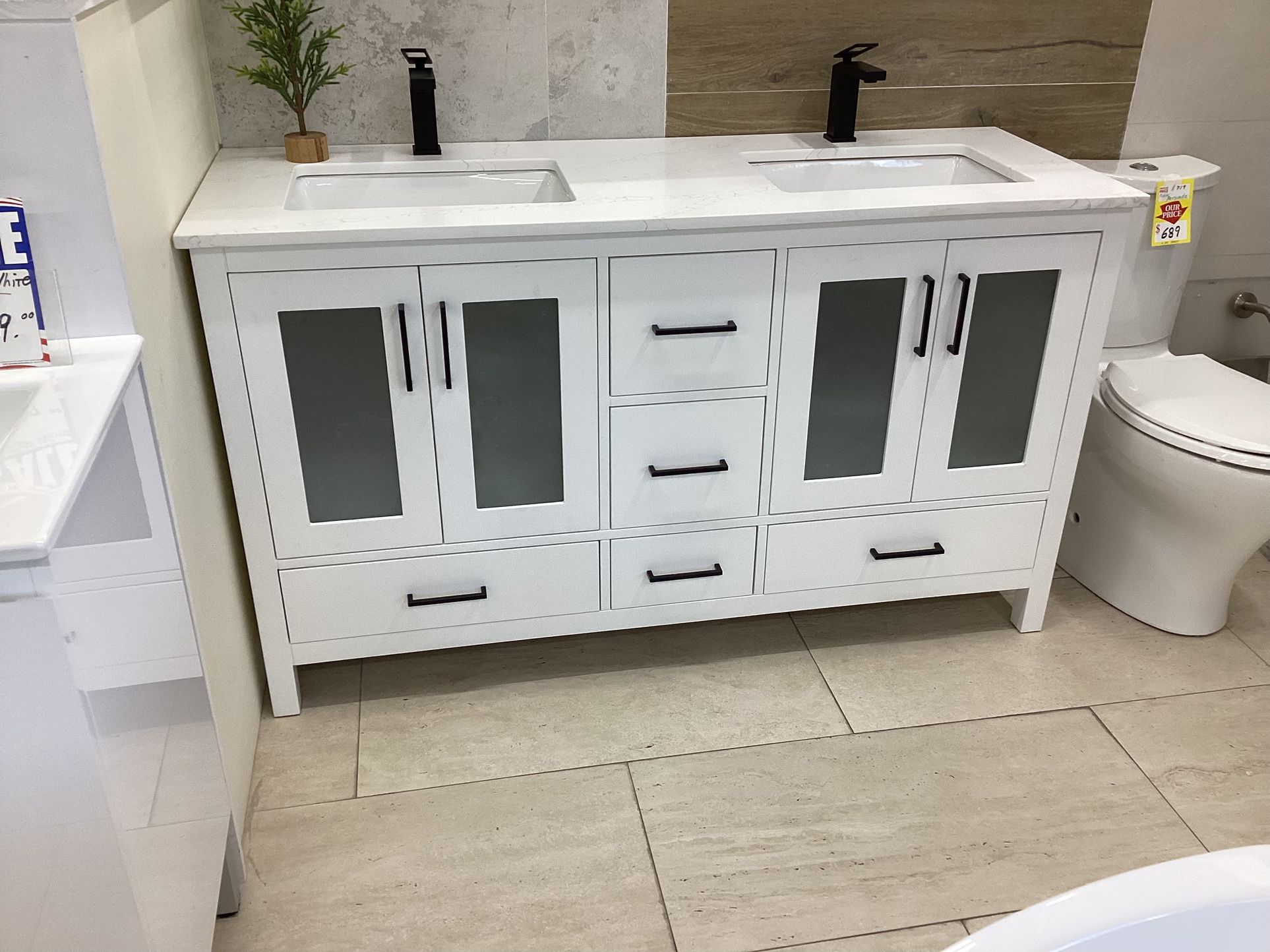 60” Bathroom Vanity Cabinet New Solid Wood Fully Assembled Softclose Drawer Doors Quartz Top 2 Sinks Ready For Pick Up Today