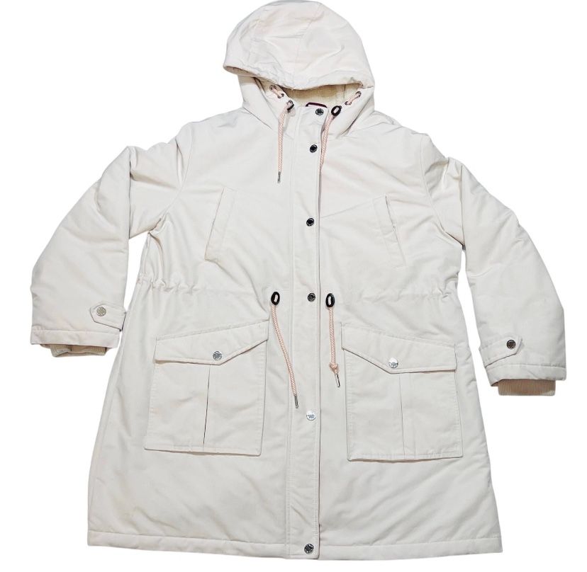 Tommy Hilfiger Parka Jacket Women XXL Quilted Lined Hood Cuff Pull Strings Used