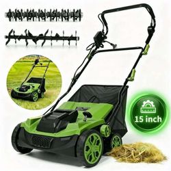 15-inch 2-in-1 Electric Dethatcher and Scarifier with 5-Position Depth Adjustment,12L Collection Bag,Tool-Free Blade Change