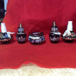 Vintage Set Of 5 2 Refillable Sprays, 2 Oil/Cream, & 1 Cream 24k gold Ceramic Vase Collectibles