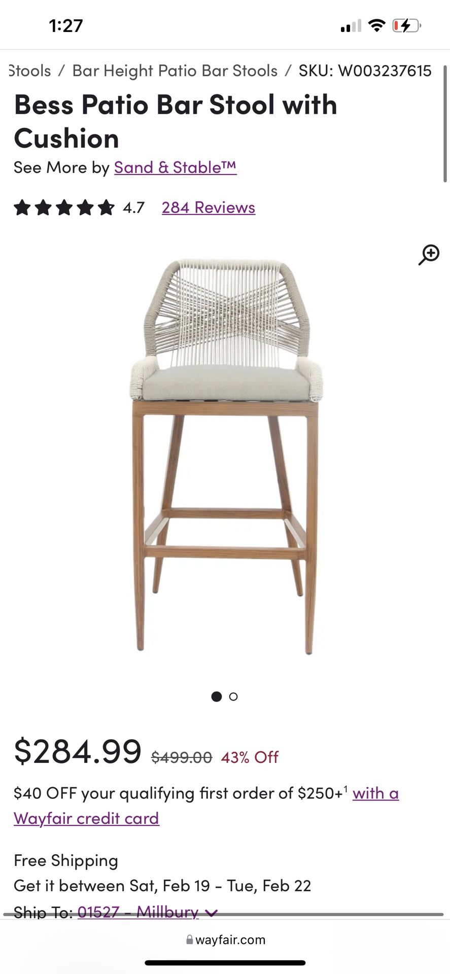 Bess Patio Bar Stool with Cushion by Sand & Stable