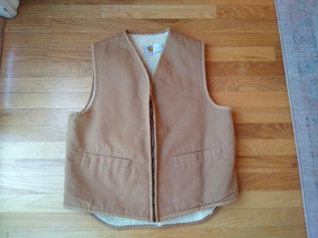 Vintage 1980's Carhartt Canvas True Sherpa Lined Zip-up Work Wear/ Hunting Vest Size Men's Large Immaculate Condition