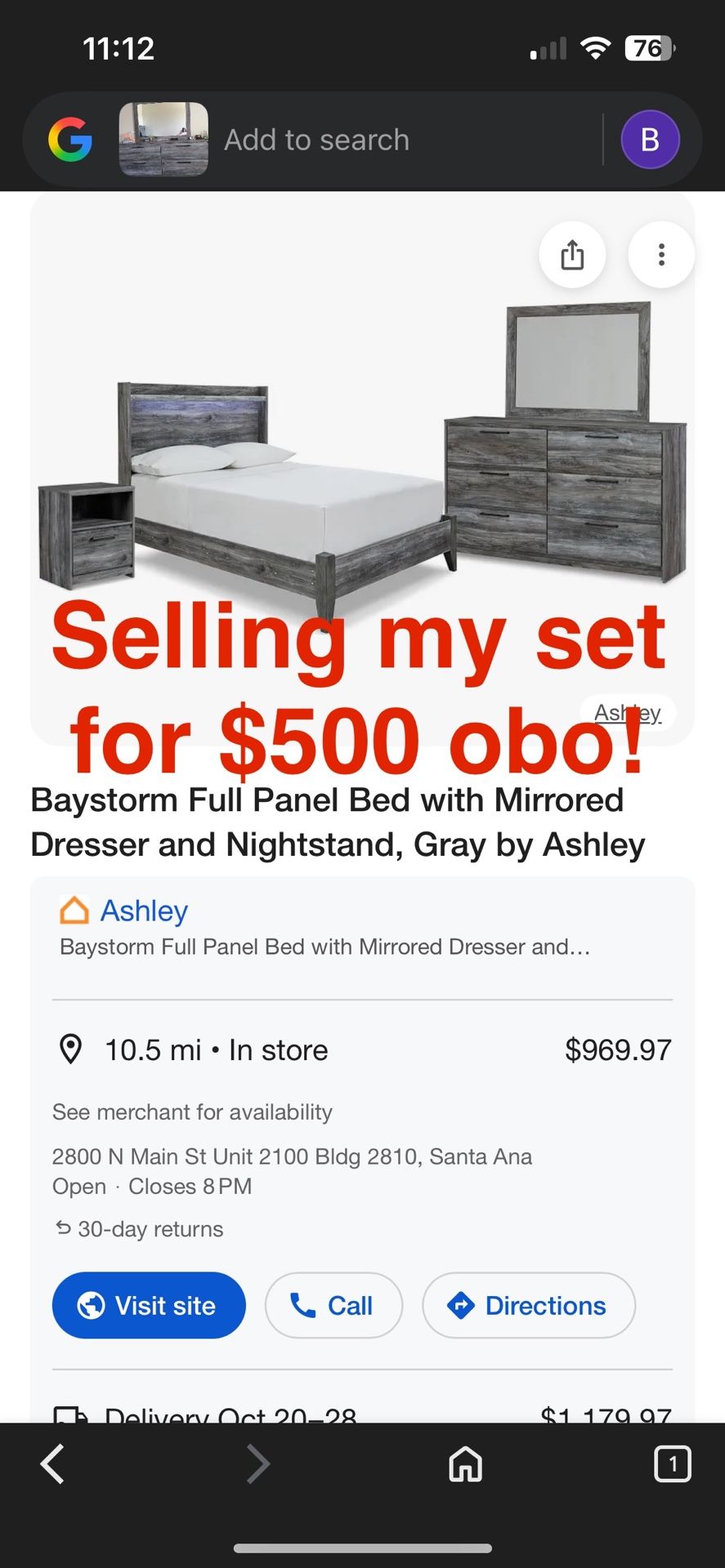 Baystorm Full Panel Bed with Mirrored Dresser and Nightstand, Gray by Ashley