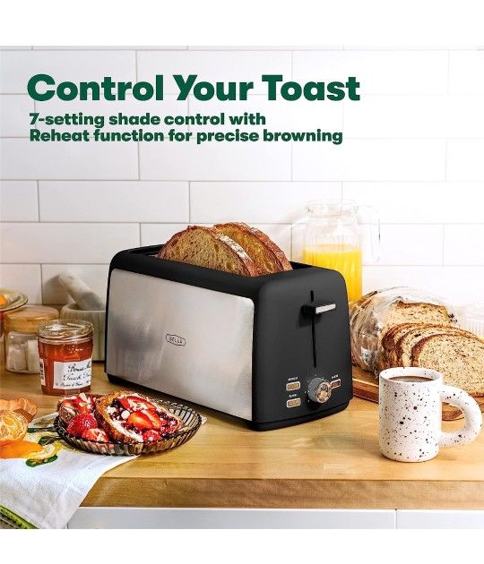 BELLA 4 Slice Toaster, Long Slot & Removable Crumb Tray - 7 Shading Options with Auto Shut Off, Cancel & Reheat Button - Toast Bread & Bagel, Black