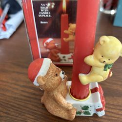 Vntg Porcelain Christmas Bear And Little Bear Climber Candle Holder JSNY #9205B