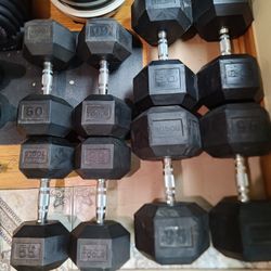55lb, 60lb, 80lb, 95lb Rubber Hex Dumbbells 