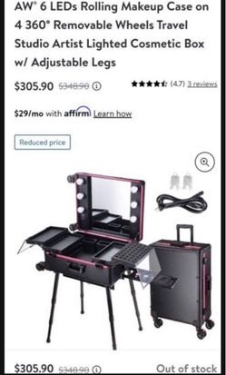 AW 6 LEDs Rolling Makeup Case on 4 360° Removable Wheels Travel Studio Artist Lighted Cosmetic Box w/ Adjustable Legs