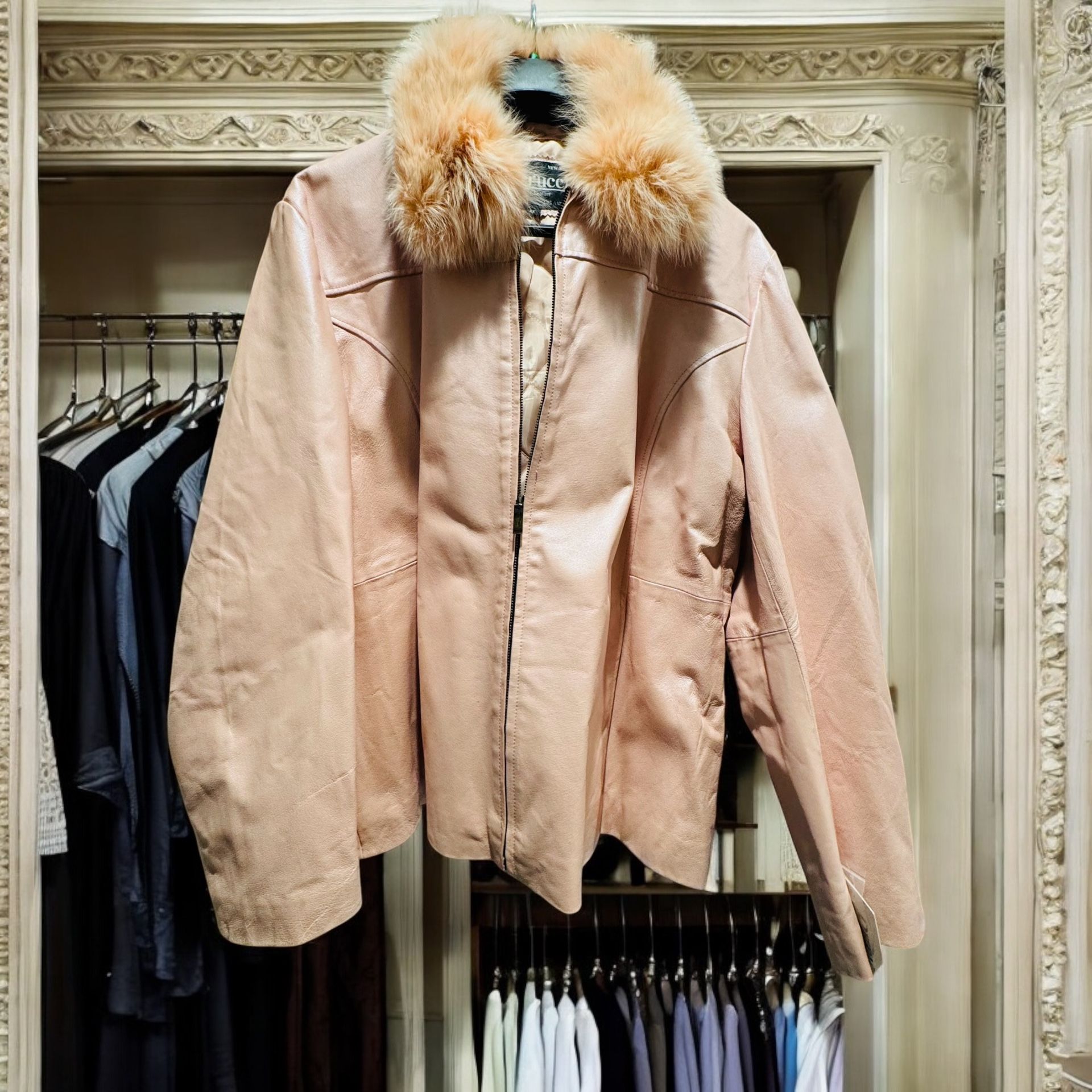 CERNUCCI Baby Pink Leather Jacket with Fur Collar