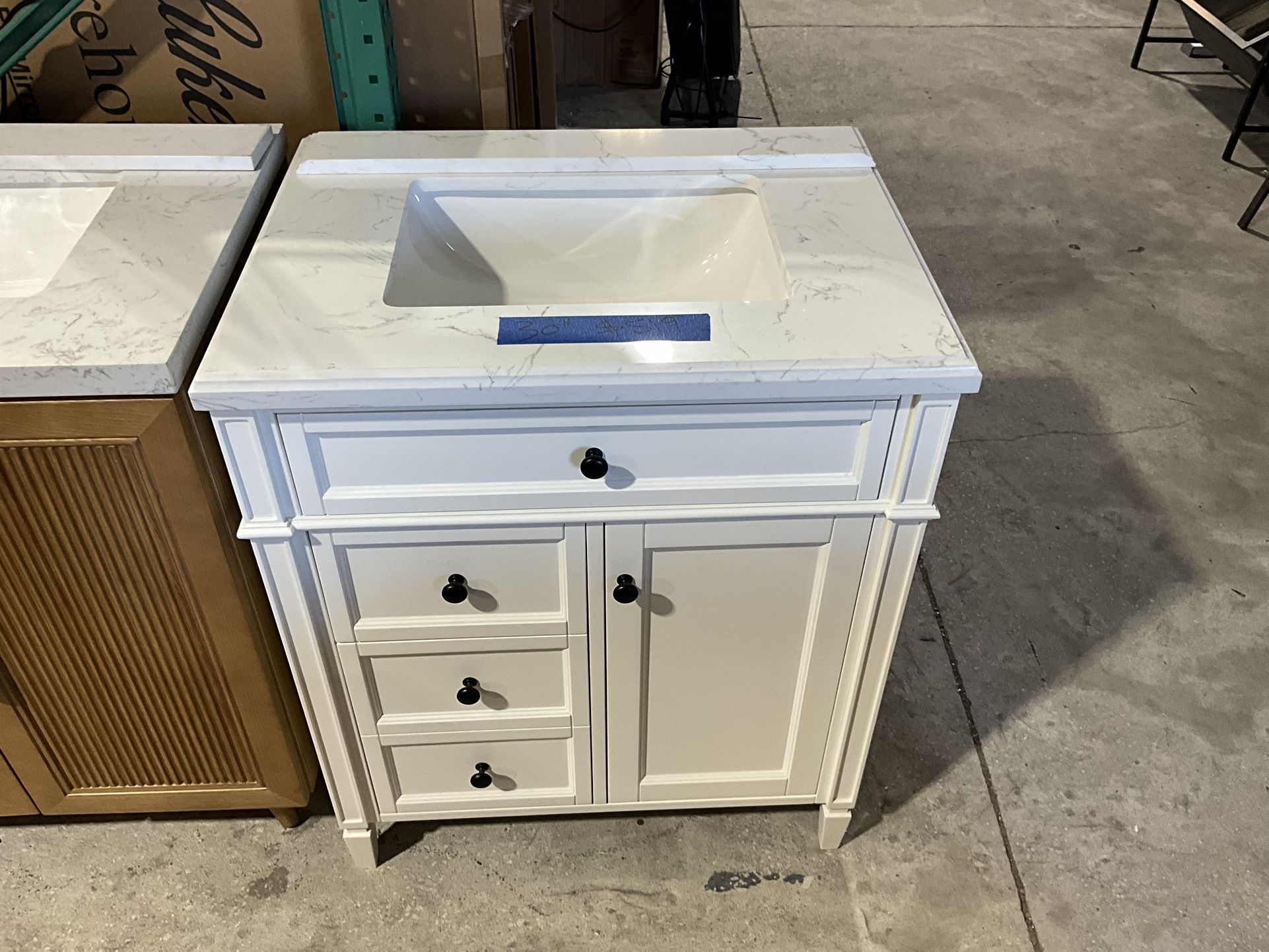 30” Bathroom Vanity in white , single sink soft close solid wood with vanity top in white  $519  Luke’s liquidations warehouse Address:  2434 N Forsyt