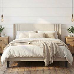Queen Upholstered Wingback Platform Bed Frame