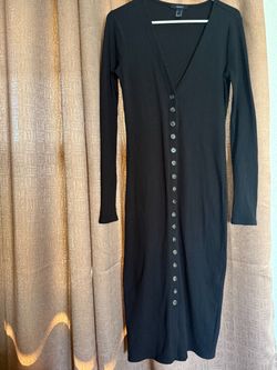 Forever 21 Black Ribbed Button-Front Midi Dress