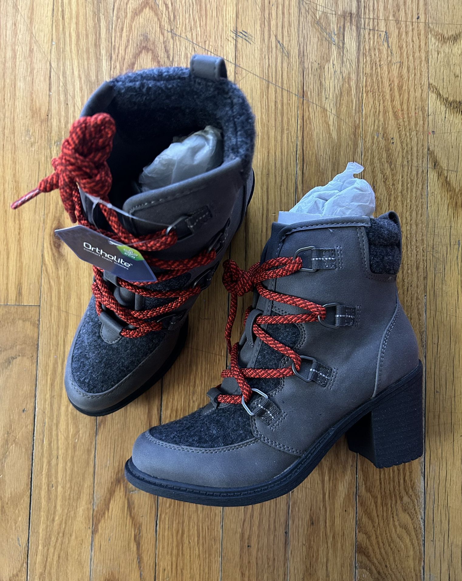Sonoma Grey Boots | Red Lace Up, Wool Trim | TAG ON