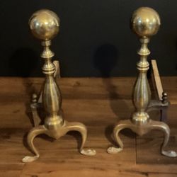Brass Fireplace Andirons and Tools Set. Puritan Brass Ball Top Fireplace Log Holder