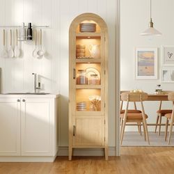 71" Narrow Arched Display Cabinet with Glass Doors, Oak 5-Tier Curio Cabinet with Lights for Collectibles, Tall Bookcase Kitchen Pantry Storage Cabine