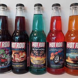 5 Hot Rod Magazine soda pop bottles. Full, unopened