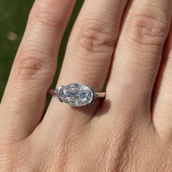 3 Carat East West Oval Moissanite Diamond Engagement Ring Half Bezel