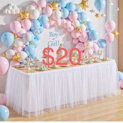 PARTISKY 12FT Length White Tulle Table Skirt for Rectangle Tables 2-Layer Ruffle Tulle Tutu Cloth Desk Table Skirt for Baby Shower Girl Birthday Party