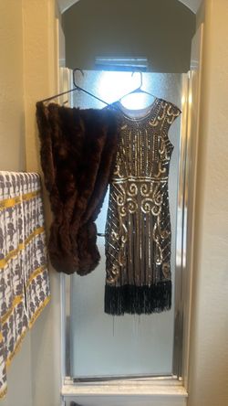 Gold, Silver and Black Beaded Fringe Flapper Dress