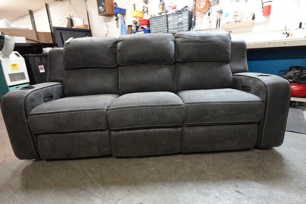 Matteus Fabric Power Reclining Sofa Couch w/ Drop Down Table – Gray