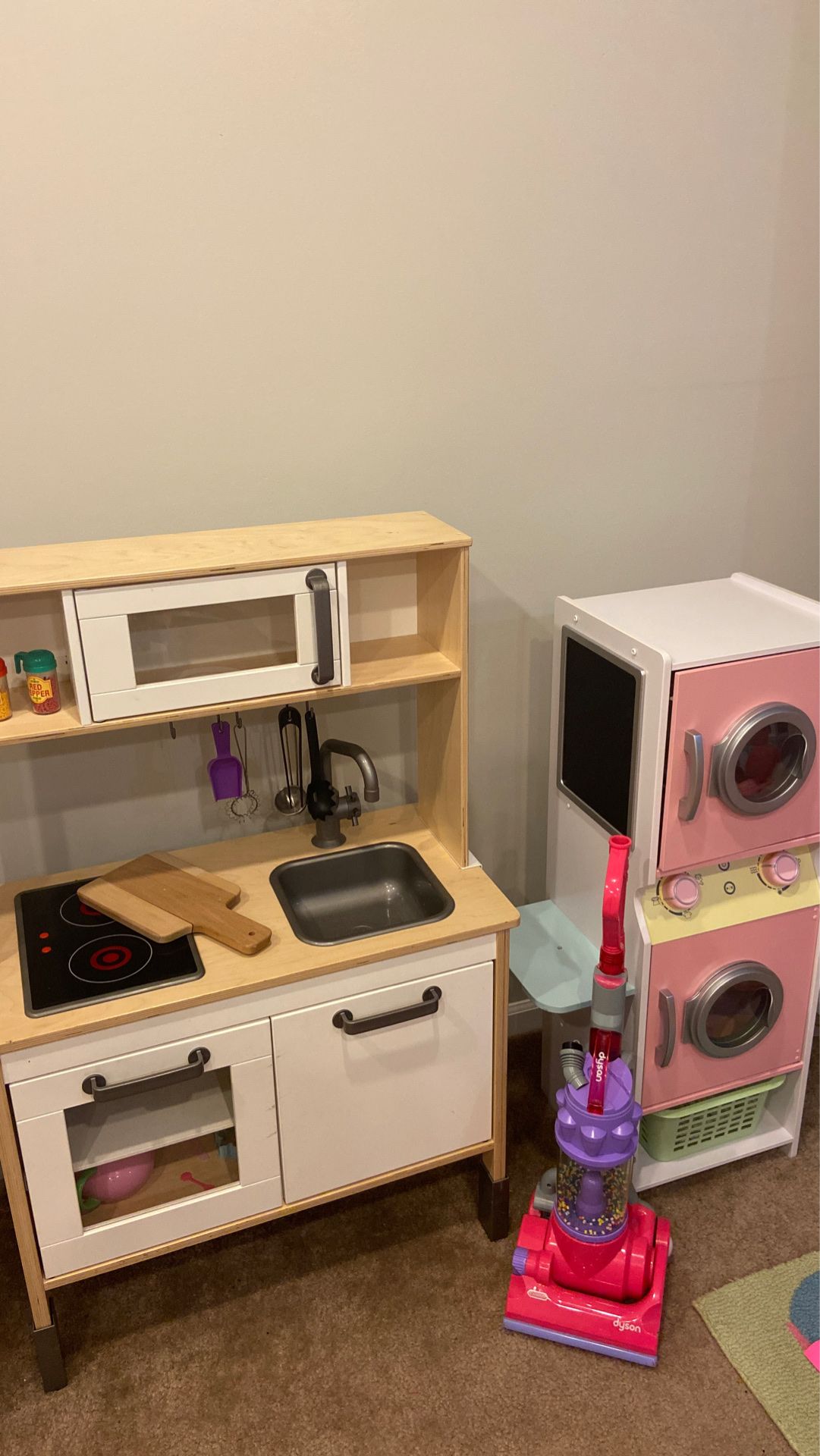 IKEA play kitchen, Dyson Vacuum, Washer Dryer and doll shopping cart