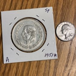1951 Cinco Pesos Coin.  