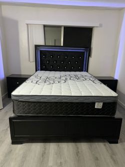 King size Black Bed Frame with LED Tufted Headboard