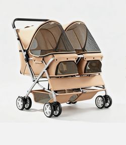 Beige Side by Side Double Pet Stroller Foldable for Two Dogs And Cats