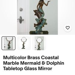 Multicolor Brass Coastal Marble Mermaid & Dolphin Tabletop Glass Mirror
