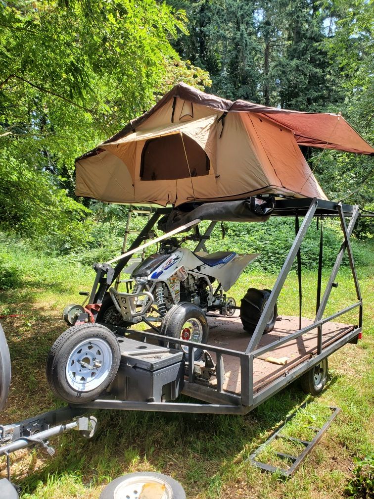 Toy hauler travel trailer ATV trailer pop up tent