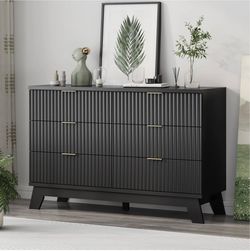 Wood Fluted Dresser with 6 Drawer, Mid Century Modern Dresser with Rounded Edges for Bedroom Storage