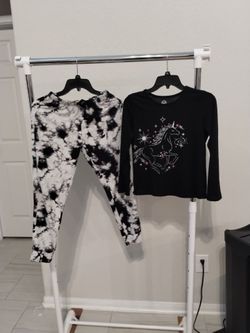 wonder Nation black and white, pajama set, girls, long sleeve shirt and long pants, size L (10-12)